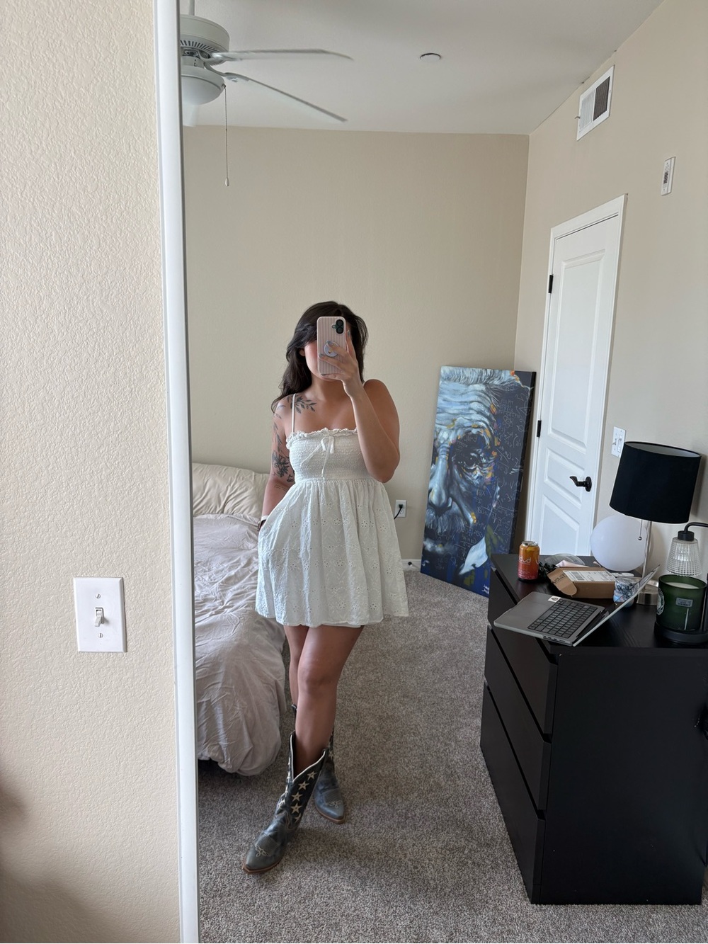 White Eyelet Mini Dress with Tie Front - Picture 2 of 11